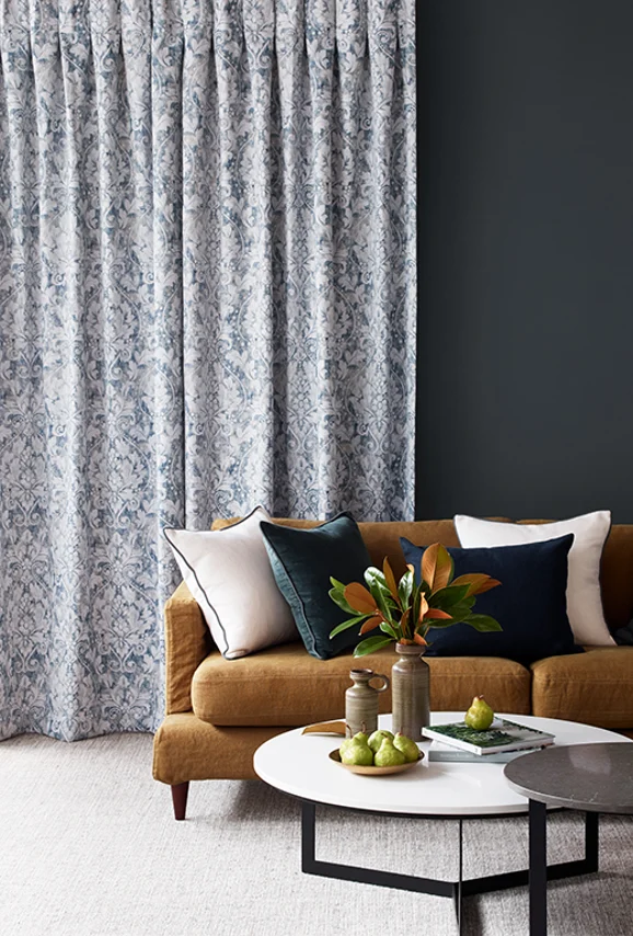 Photo of the fabric Milford FR Sandstone in situ by James Dunlop Essentials. Use for Curtains, Accessory. Style of Dim Out, Floral And Botannical