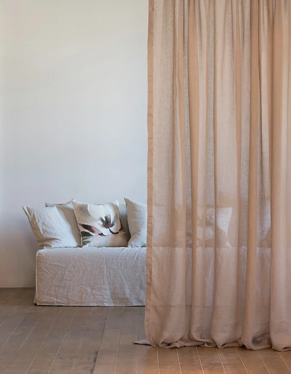 Photo of the fabric Lino Whitewash in situ by Mokum. Use for Sheer Curtains. Style of Plain, Sheer