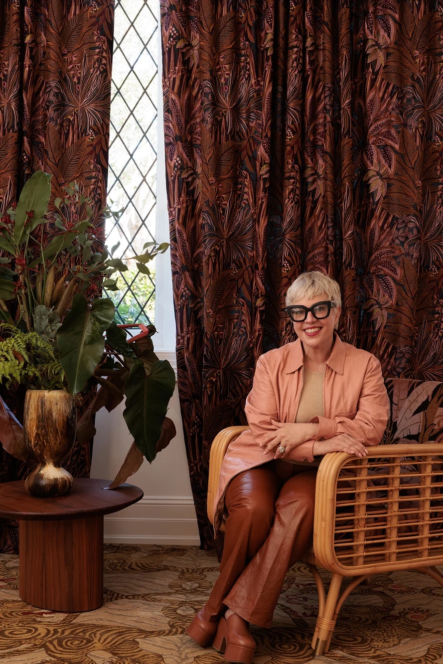 Curtains in Jungle Room colour Muscat &amp; chair in Palm Springs colour Whisky both by Catherine Martin by Mokum