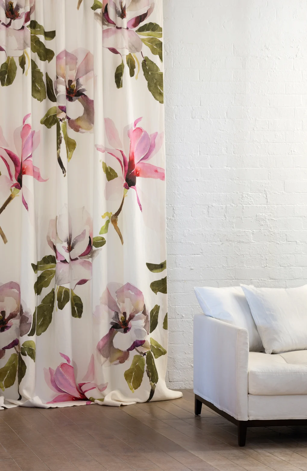Floral curtain with linen sofa
