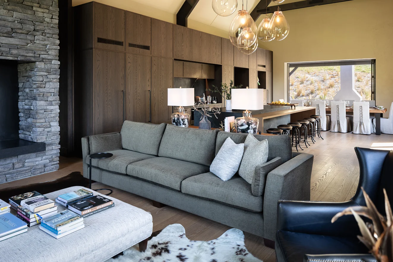 Couch in Tahiti colour Olive by Mokum FibreGuard, cushions in Staunch by James Dunlop FibreGuard | Image Michelle Weir