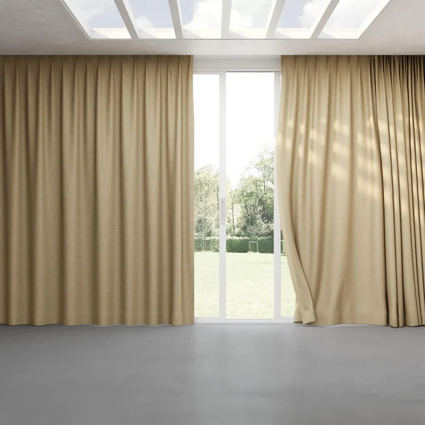 Photo of the fabric Bora Bora Sand swatch by Mokum FibreGuard. Use for Curtains, Upholstery, Accessory. Style of Plain, Texture