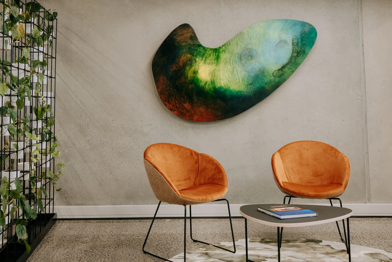 Reception chairs in Deluxe colour Wood by Zepel FibreGuard & Atmosphere colour Turmeric by James Dunlop FibreGuard | Image courtesy of McGreals