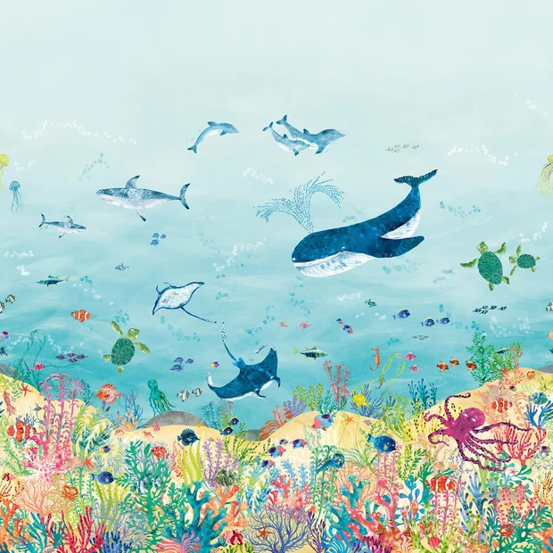 Photo of the fabric Coral Kingdom Wallpaper Panel W653 01 swatch by Villa Nova. Use for Wall Covering, Wall Panel/Mural. Style of Childrens, Uncoated Non-Woven