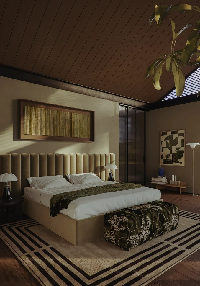 3D digital render of Francisco Residence by 23ab.agency | Featuring ottoman in Pathera colour Olive by Catherine Martin by Mokum