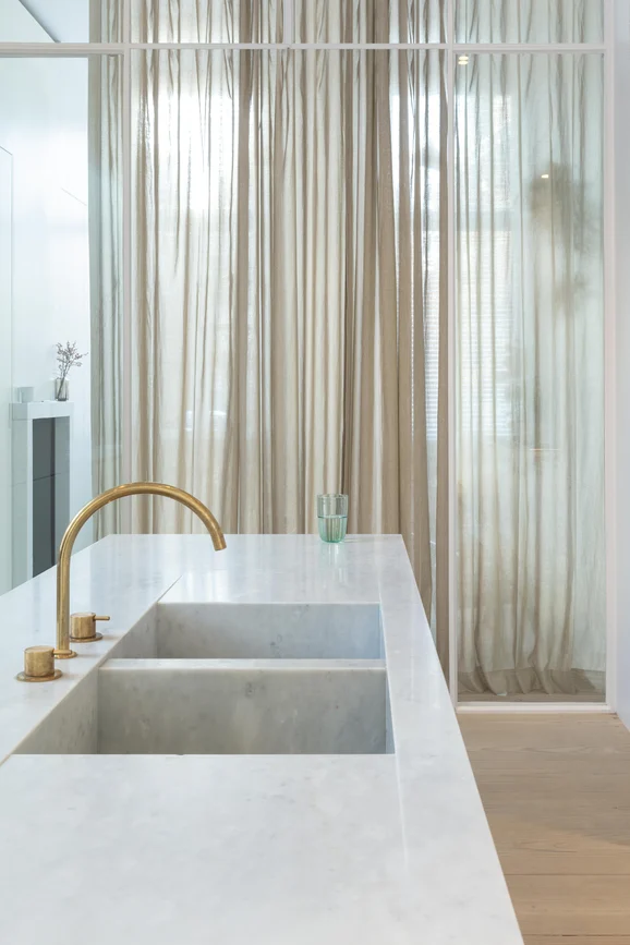 Photo of the fabric Boom Champagne in situ by Zepel. Use for Sheer Curtains. Style of Plain, Sheer