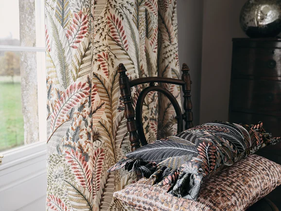 Photo of the fabric Chiraco 7977 04 in situ by Romo. Use for Curtains, Upholstery Light Duty, Accessory, Top of Bed