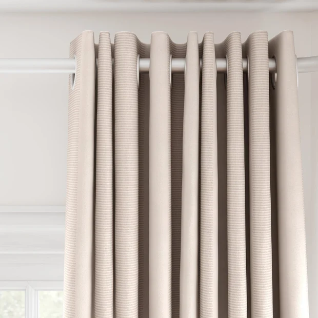 Photo of the fabric Borneo Uncoated Blush swatch by James Dunlop. Use for Curtains, Accessory, Top of Bed. Style of Stripe