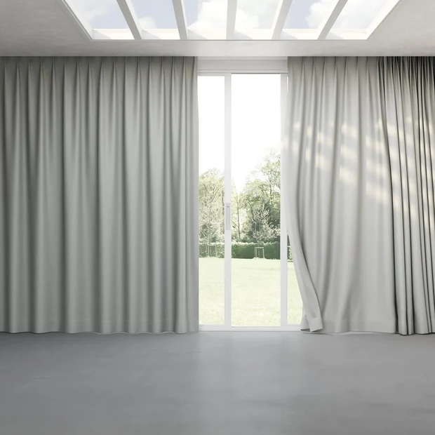 Photo of the fabric Infinite Silver swatch by Mokum. Use for Curtains, Upholstery, Accessory, Top of Bed. Style of Plain, Texture