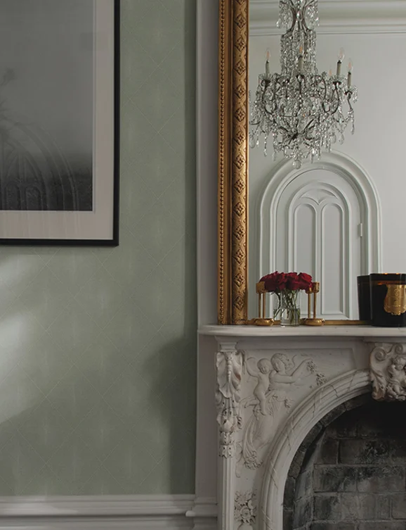 Photo of the fabric Shagreen Wallpaper Aquamarine in situ by Catherine Martin by Mokum. Use for Wall Covering. Style of Geometric, Print