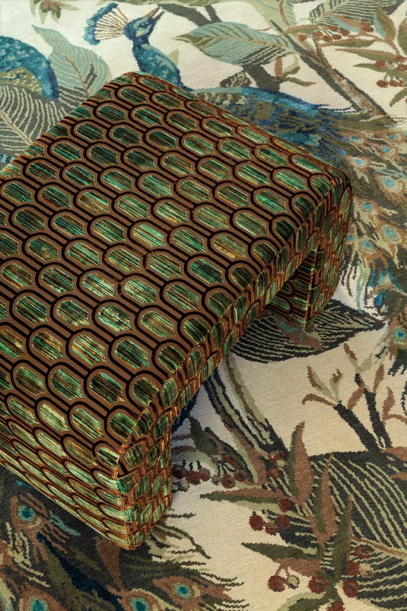 Photo of the fabric Beverly Hills Topaz in situ by Catherine Martin by Mokum. Use for Upholstery, Accessory. Style of Geometric, Velvet