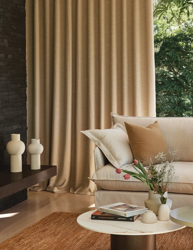 Photo of the fabric Banksia Chalk in situ by James Dunlop. Use for Curtains, Accessory, Top of Bed. Style of Plain, Texture