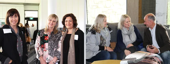 Left: Kyla Davies (Kyla Davies Design), Treena Swift (Swift Designs) and Lisa Hurley (LH Design).Right:&nbsp;Yvan Puylaert present the new collection from&nbsp;Designs Of The Time&nbsp;to Louise (Belle Interiors) and friend.