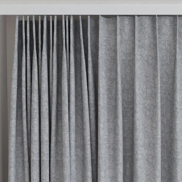 Photo of the fabric Avalon FR Blackout Steel swatch by James Dunlop Essentials. Use for Curtains. Style of Plain, Texture