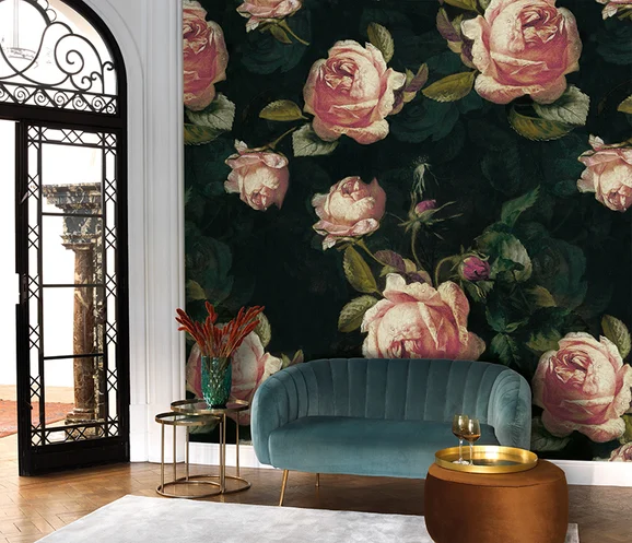 Photo of the fabric Eng. Roses Panel 8492 8492 94 13 in situ by Casadeco. Use for Wall Covering, Wall Panel/Mural