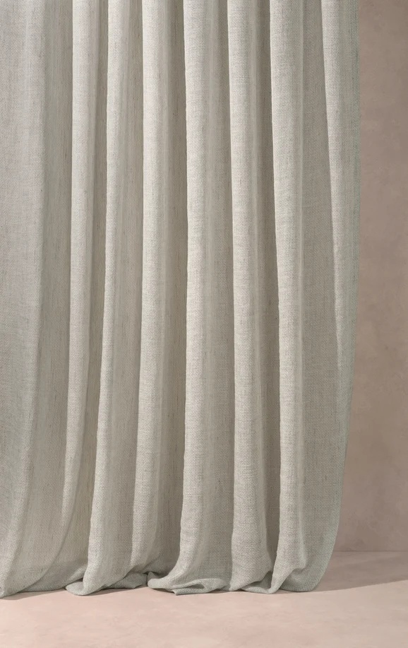 Photo of the fabric Kensho Silver in situ by Mokum. Use for Sheer Curtains. Style of Plain, Sheer