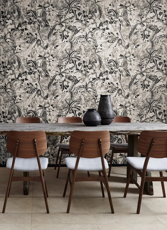 Photo of the fabric Kwazulu Wallpaper Wp0006 Wp0006.605 in situ by Fischbacher 1819. Use for Wall Covering. Style of Floral And Botannical, Print
