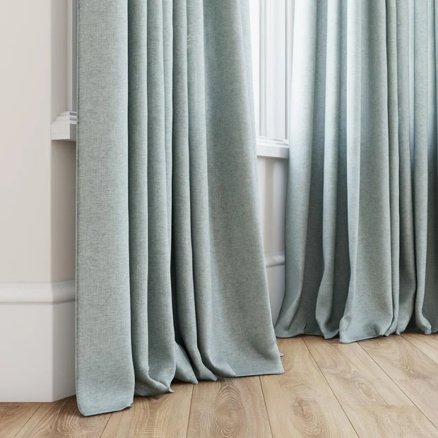 Photo of the fabric Envoy 2 Surf 320cm swatch by James Dunlop Essentials. Use for Curtains, Accessory, Top of Bed. Style of Plain, Texture