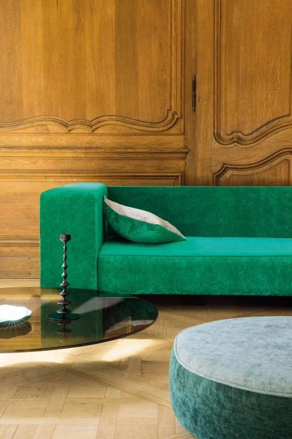 Photo of the fabric Bolshoi Aubergine in situ by Zepel. Use for Curtains, Upholstery, Accessory, Top of Bed. Style of Chenille, Plain