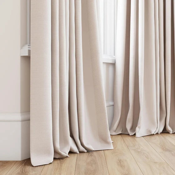 Photo of the fabric Borneo Uncoated Blush swatch by James Dunlop. Use for Curtains, Accessory, Top of Bed. Style of Stripe