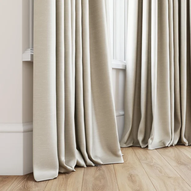 Photo of the fabric Luxe Cement swatch by James Dunlop Essentials. Use for Curtains, Accessory, Top of Bed. Style of Plain, Texture