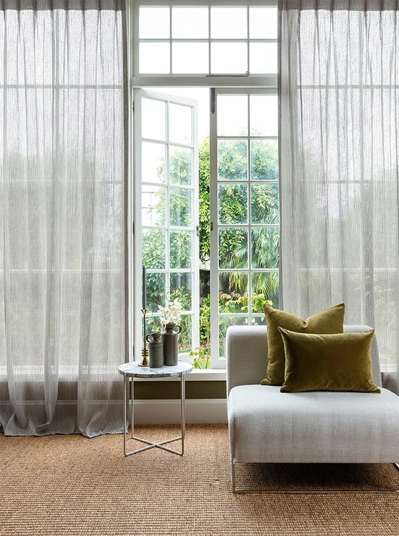 Photo of the fabric Semblance Gilt in situ by James Dunlop. Use for Sheer Curtains. Style of Plain, Sheer