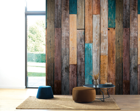 Photo of the fabric Wood Color Panel 8501 8501 34 24 in situ by Casadeco. Use for Wall Covering, Wall Panel/Mural