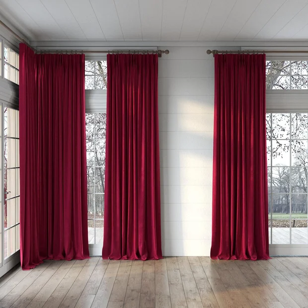 Photo of the fabric Velvelux Bordeaux swatch by Mokum FibreGuard. Use for Curtains, Upholstery, Accessory, Top of Bed. Style of Plain, Velvet