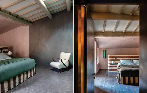 Bed valance & bedhead in Mendochino by Designs of the Time | Palazzo Petrvs interior by Giuliano Andrea dell’Uva | Photography by Nathalie Krag and sourced from Pinterest