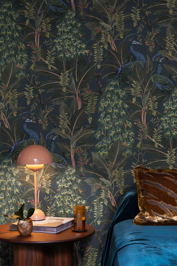 Photo of the fabric Royal Peacock Wallpaper Midnight in situ by Catherine Martin by Mokum. Use for Wall Covering. Style of Floral And Botannical