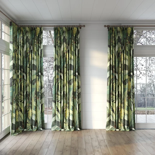 Photo of the fabric La Palma Midnight swatch by Catherine Martin by Mokum. Use for Curtains, Accessory. Style of Floral And Botannical, Print