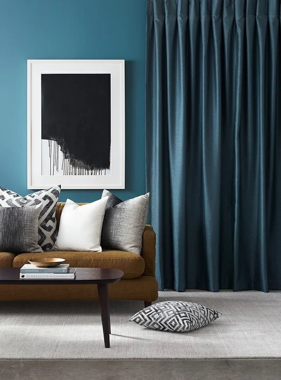 Photo of the fabric Maharaja Feather in situ by James Dunlop Essentials. Use for Curtains, Accessory, Top of Bed. Style of Plain