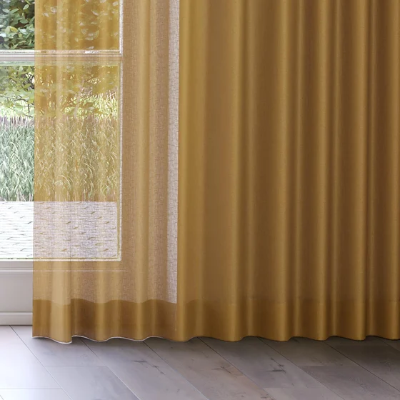 Photo of the fabric Laconia Air Ochre swatch by James Dunlop. Use for Sheer Curtains. Style of Plain, Sheer