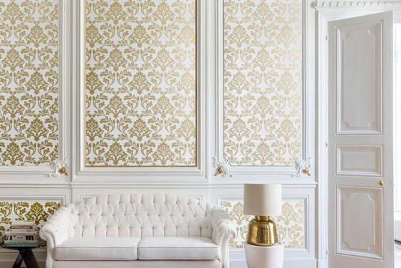 Balgari by Zepel imitates damask style &lsquo;flocked&rsquo; wallpaper, reminiscent of 18th century design