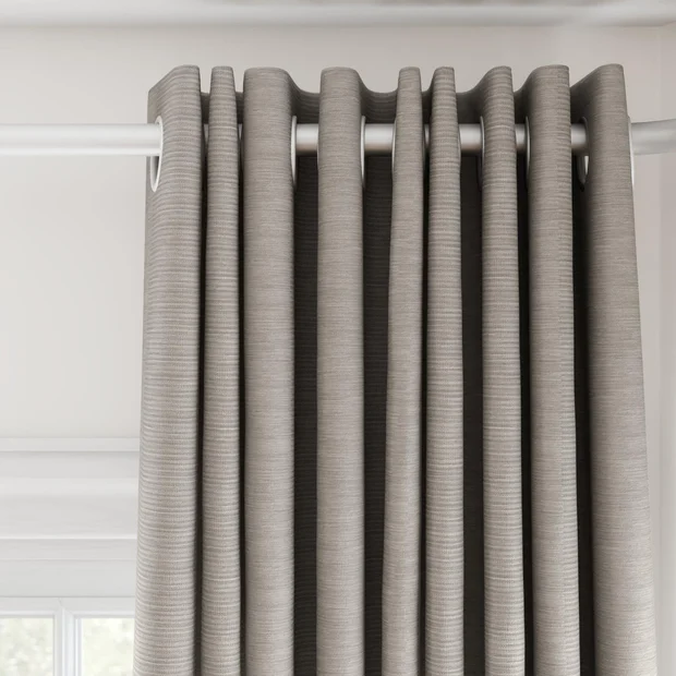 Photo of the fabric Borneo Uncoated Stone swatch by James Dunlop. Use for Curtains, Accessory, Top of Bed. Style of Stripe