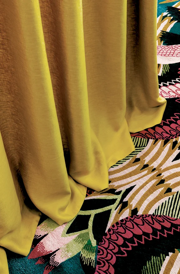Photo of the fabric Satnin Palm Leaf in situ by Catherine Martin by Mokum. Use for Curtains. Style of Plain, Texture