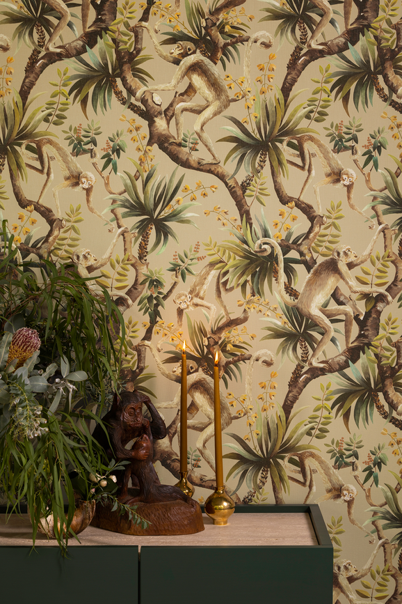 Photo of the fabric Monkey Business Wallpaper Midnight in situ by Catherine Martin by Mokum. Use for Wall Covering. Style of Floral And Botannical