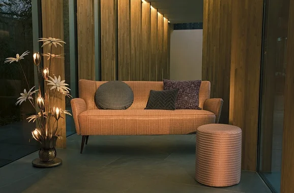 Photo of the fabric Stamp K5197 08 in situ by Kirkby Design. Use for Curtains, Upholstery, Accessory. Style of Geometric