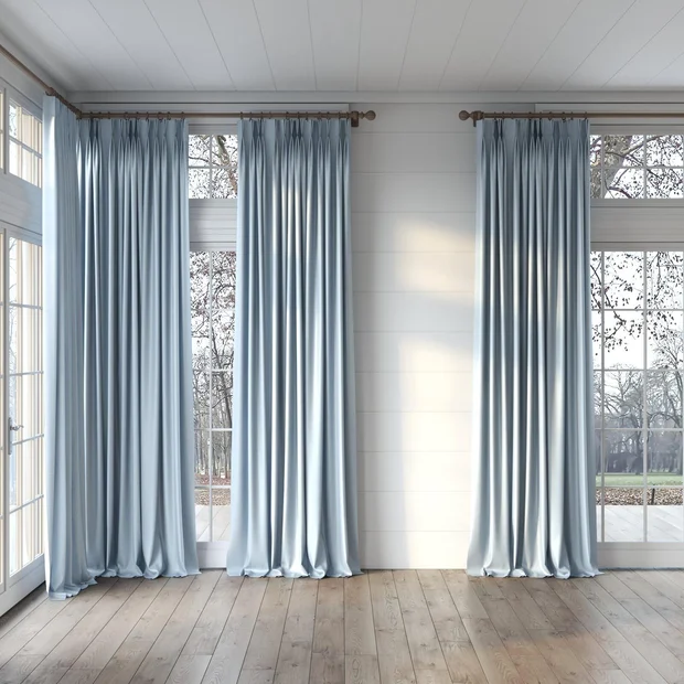 Photo of the fabric Luxe Sky swatch by James Dunlop Essentials. Use for Curtains, Accessory, Top of Bed. Style of Plain, Texture