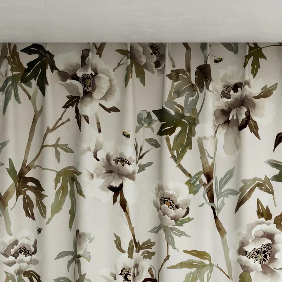 Photo of the fabric Peonia Parchment swatch by Mokum. Use for Curtains, Accessory. Style of Floral And Botannical, Print