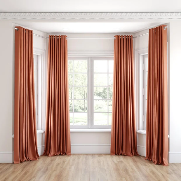 Photo of the fabric Luxe Coral swatch by James Dunlop Essentials. Use for Curtains, Accessory, Top of Bed. Style of Plain, Texture