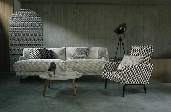 Photo of the fabric Dimension K5201 02 in situ by Kirkby Design. Use for Upholstery, Accessory. Style of Geometric, Velvet