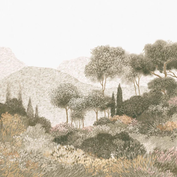 Photo of the fabric Maquis Corse Panel 7676 7676 1324 swatch by Casamance. Use for Wall Covering, Wall Panel/Mural. Style of Floral And Botannical, Non-Woven Backed Vinyl