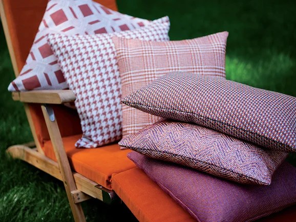 Photo of the fabric Geometrico 10799 903 in situ by Fischbacher 1819. Use for Upholstery, Accessory. Style of Geometric