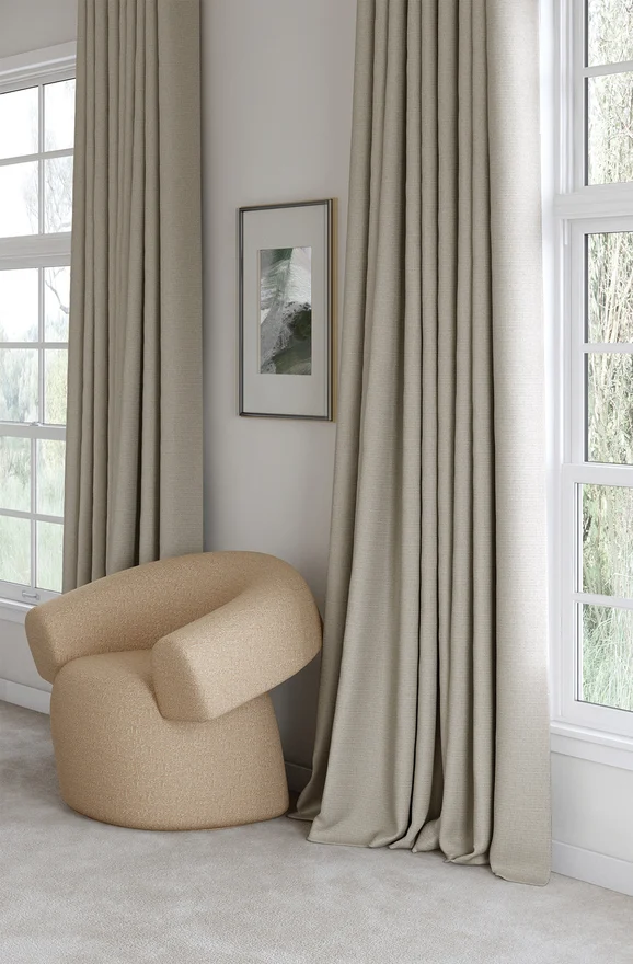 Photo of the fabric Kennedy II Blackout Nude in situ by James Dunlop. Use for Curtains. Style of Plain, Texture