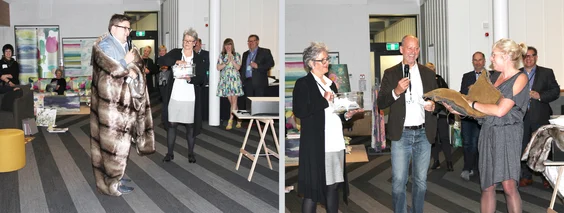 Left: Nick Handbury (Romo Group) models the Zinc Textile fur throw prize in Christchurch.Right: Sharon Moore (Next Dore) collects the&nbsp;Designs Of The Time&nbsp;prize cushion on behalf of Anita from&nbsp;Yvan Puyleart (Designs Of The Time).