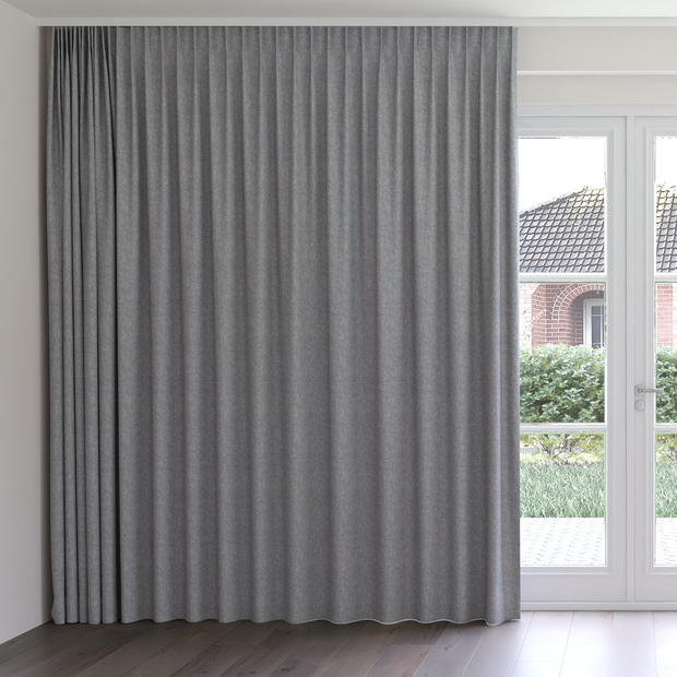 Photo of the fabric Avalon FR Blackout Steel swatch by James Dunlop Essentials. Use for Curtains. Style of Plain, Texture