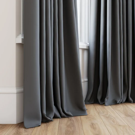 Photo of the fabric Quantum FR Gunmetal swatch by Linings. Use for Curtains. Style of Dim Out