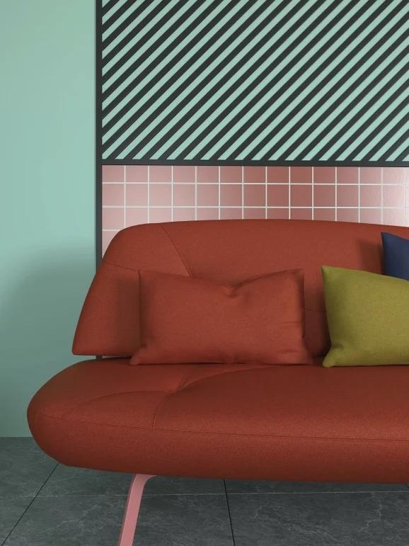 Photo of the fabric Ampersand Iron in situ by Zepel. Use for Upholstery, Accessory, Top of Bed. Style of Plain, Texture