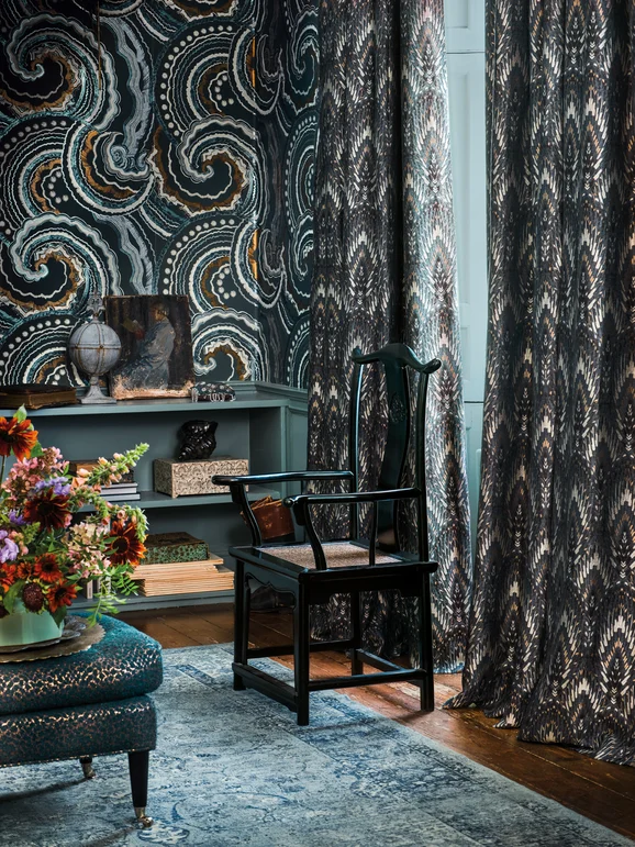 Photo of the fabric Lolana 8014 01 in situ by Romo. Use for Curtains, Accessory. Style of Floral And Botannical